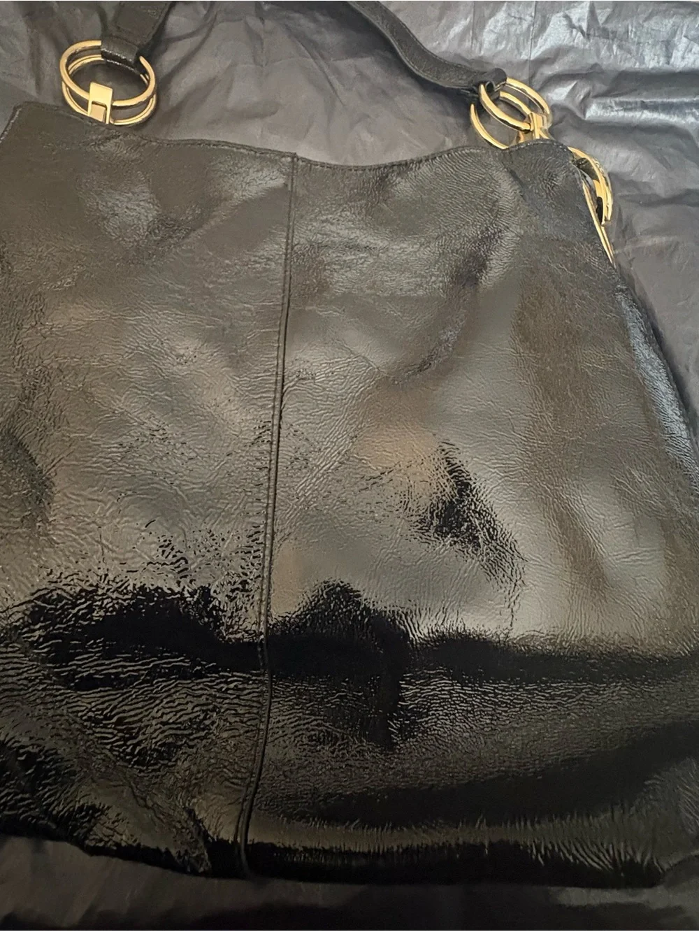 Black Patent Leather Hobo Bag with Gold Hardware